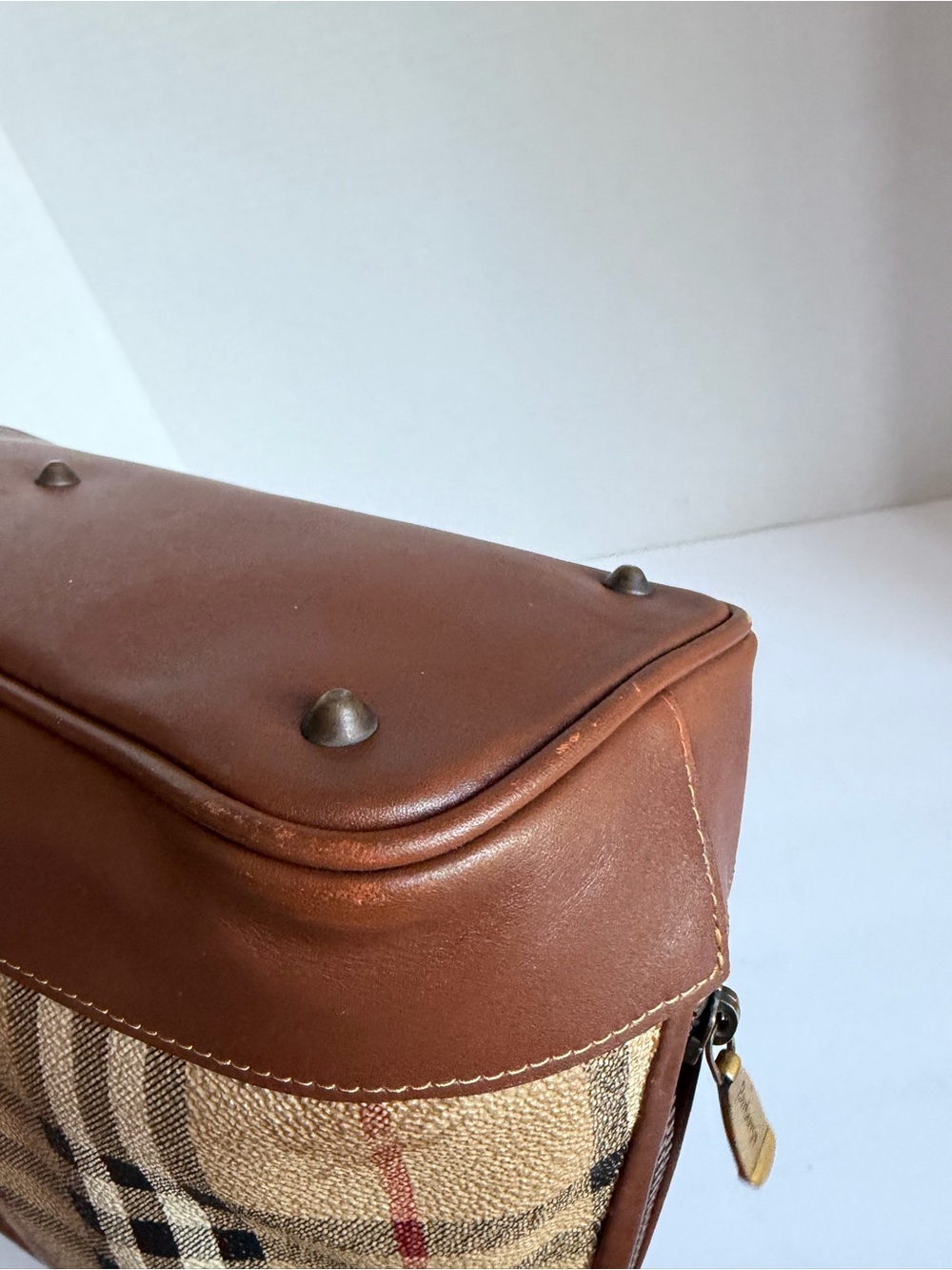 Burberry Beige Plaid Dome Satchel with Brown Leather Trim - Picture 9 of 13